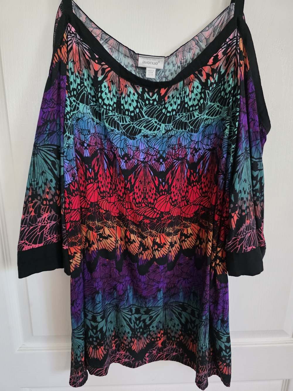 Avenue Plus Size 22 24 Top Cold Shoulder Multicolor Butterfly Print Summer Blous